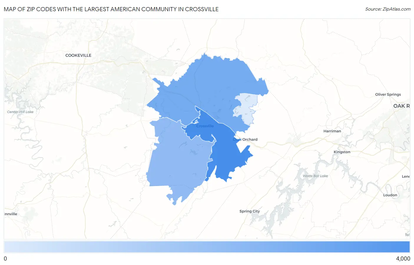 Zip Codes with the Largest American Community in Crossville Map