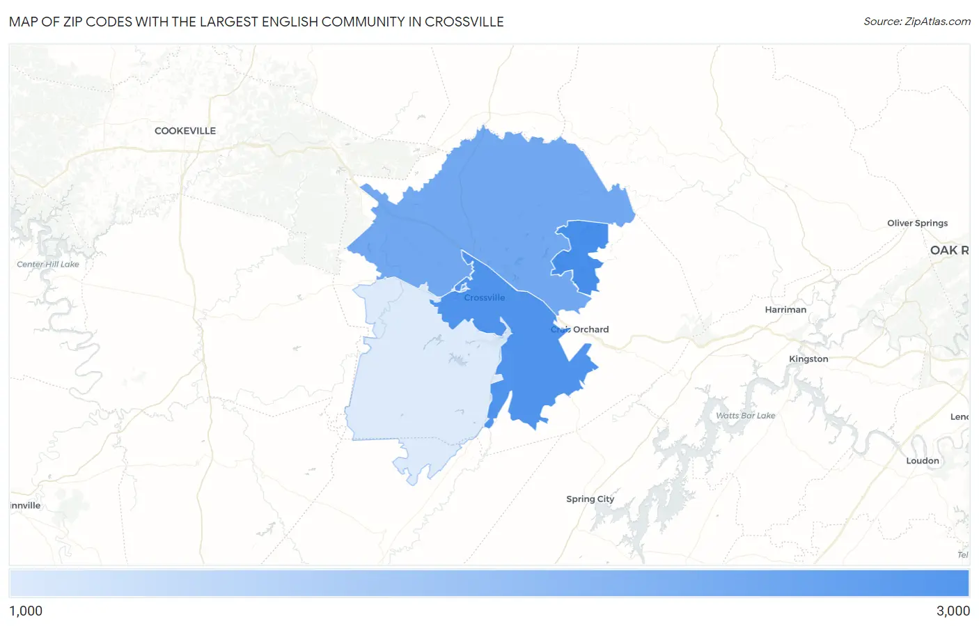 Zip Codes with the Largest English Community in Crossville Map