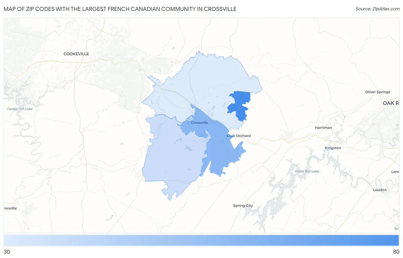 Zip Codes with the Largest French Canadian Community in Crossville Map