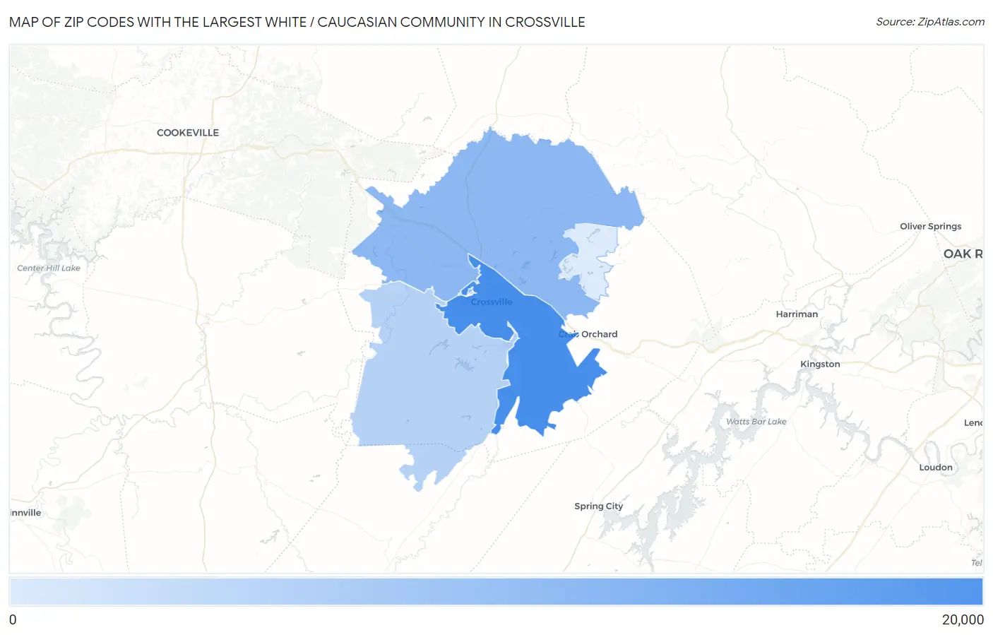 Zip Codes with the Largest White / Caucasian Community in Crossville Map