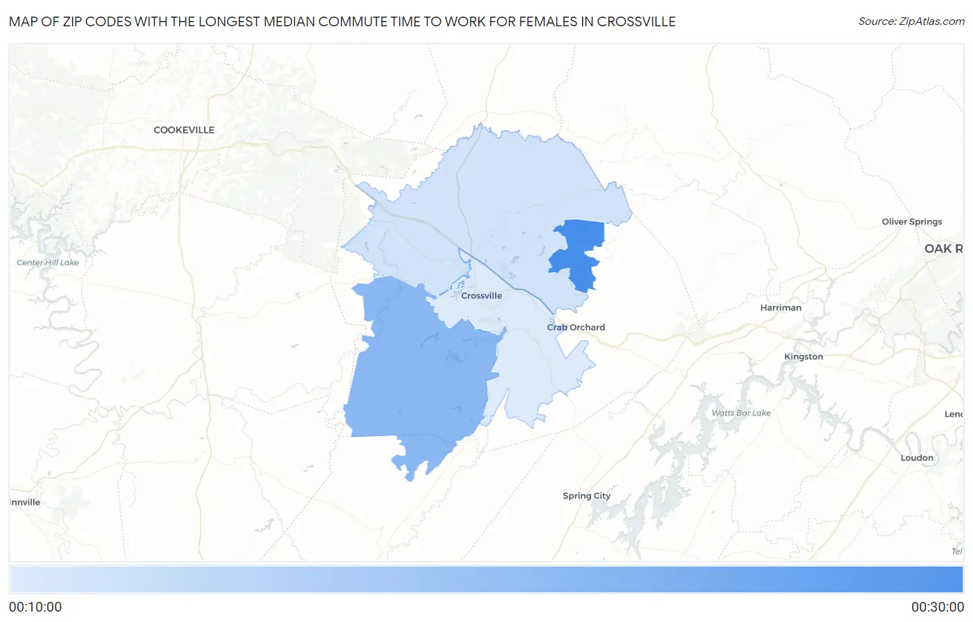 Zip Codes with the Longest Median Commute Time to Work for Females in Crossville Map