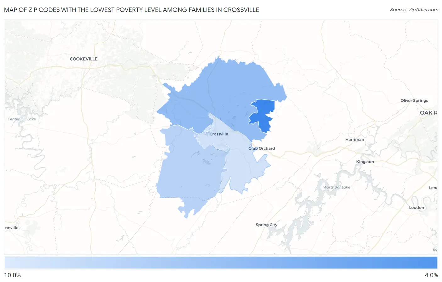 Zip Codes with the Lowest Poverty Level Among Families in Crossville Map