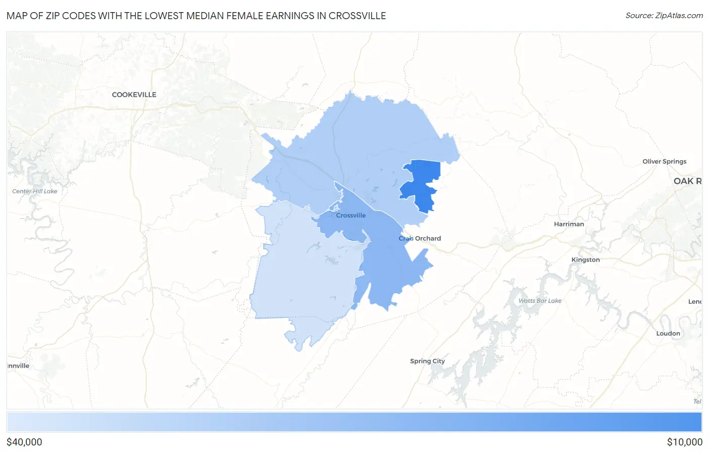 Zip Codes with the Lowest Median Female Earnings in Crossville Map