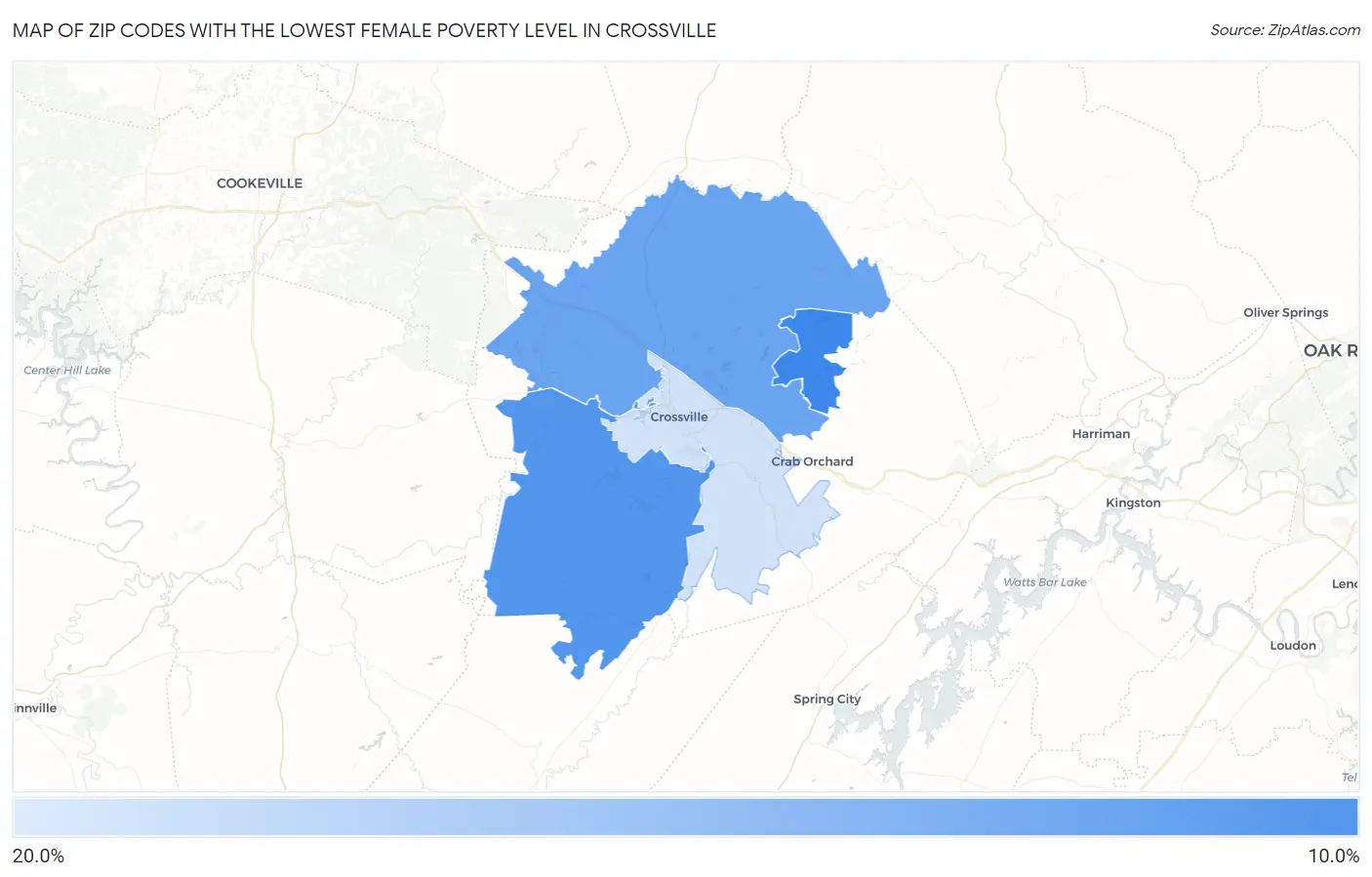 Zip Codes with the Lowest Female Poverty Level in Crossville Map