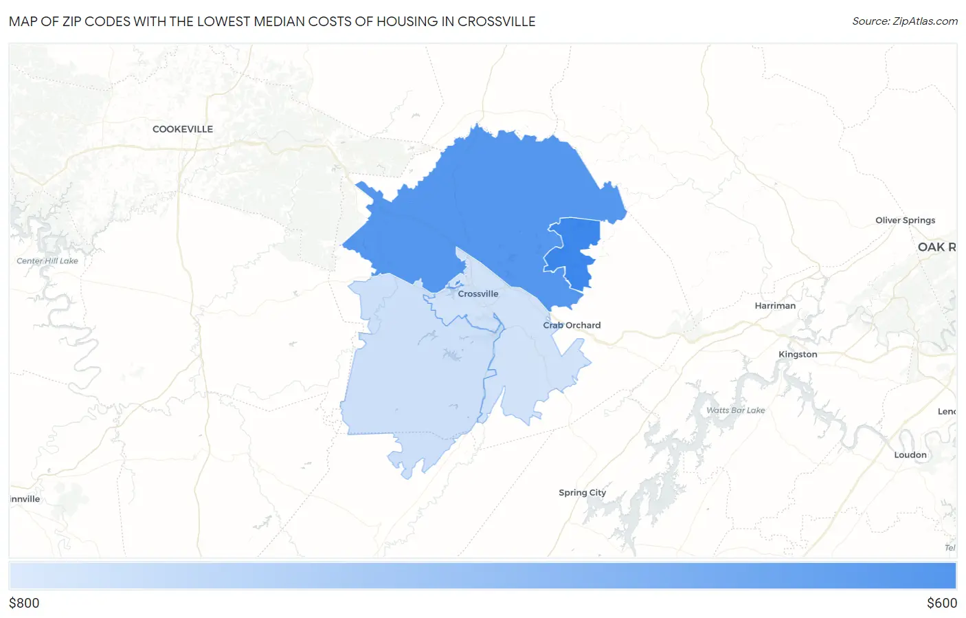 Zip Codes with the Lowest Median Costs of Housing in Crossville Map