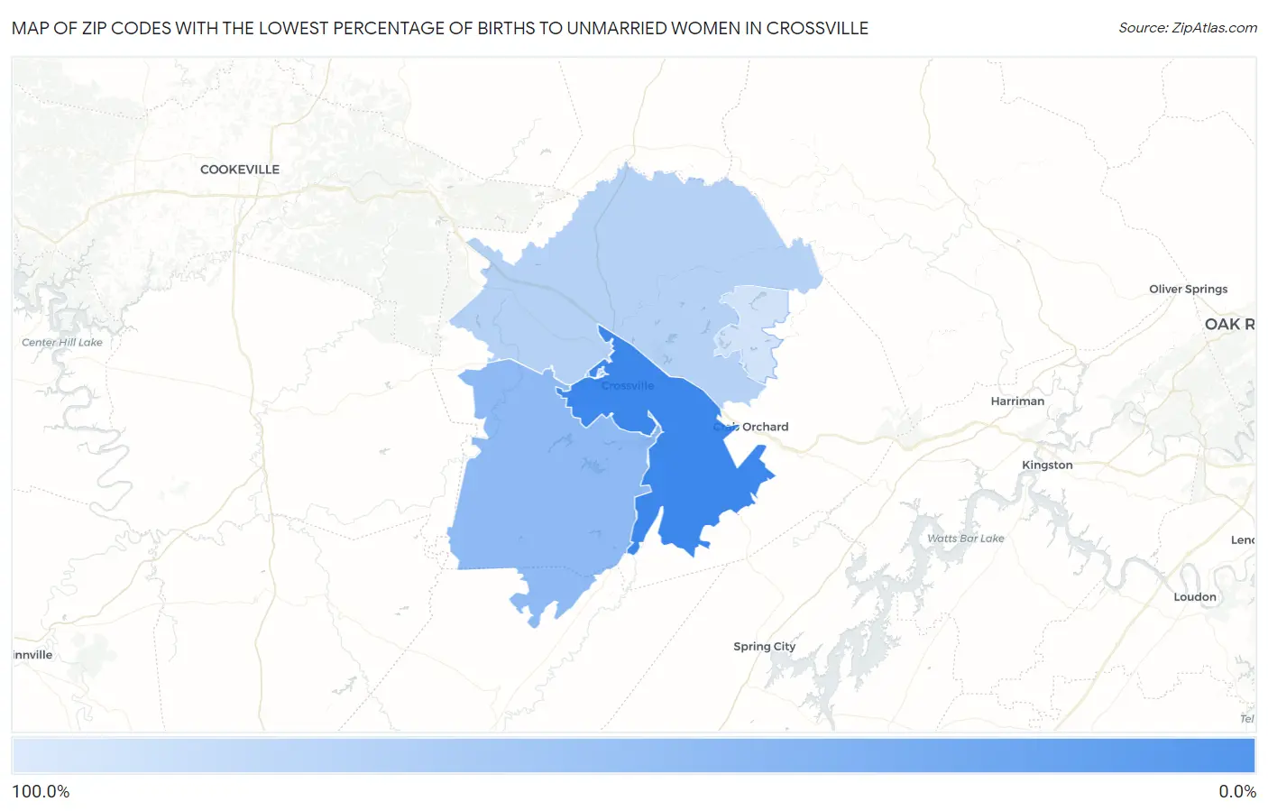 Zip Codes with the Lowest Percentage of Births to Unmarried Women in Crossville Map