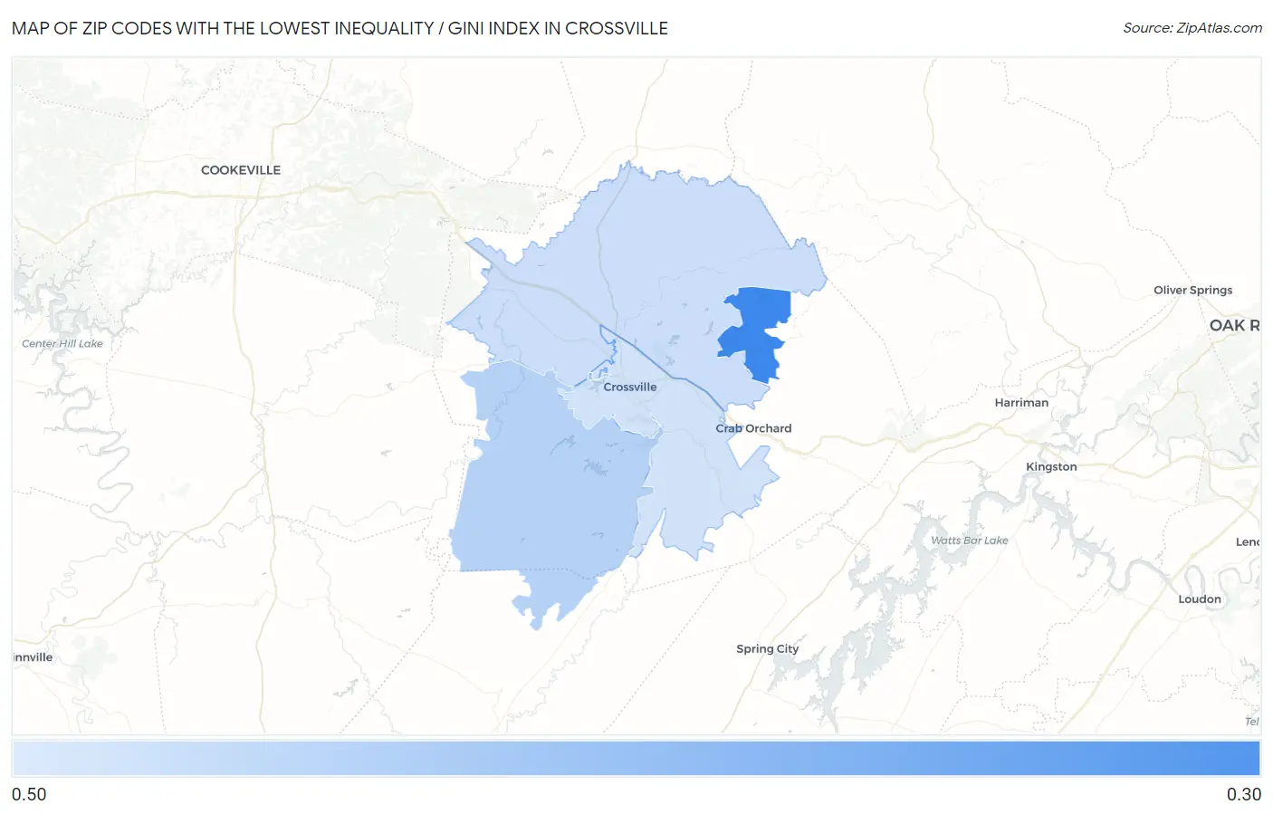 Zip Codes with the Lowest Inequality / Gini Index in Crossville Map