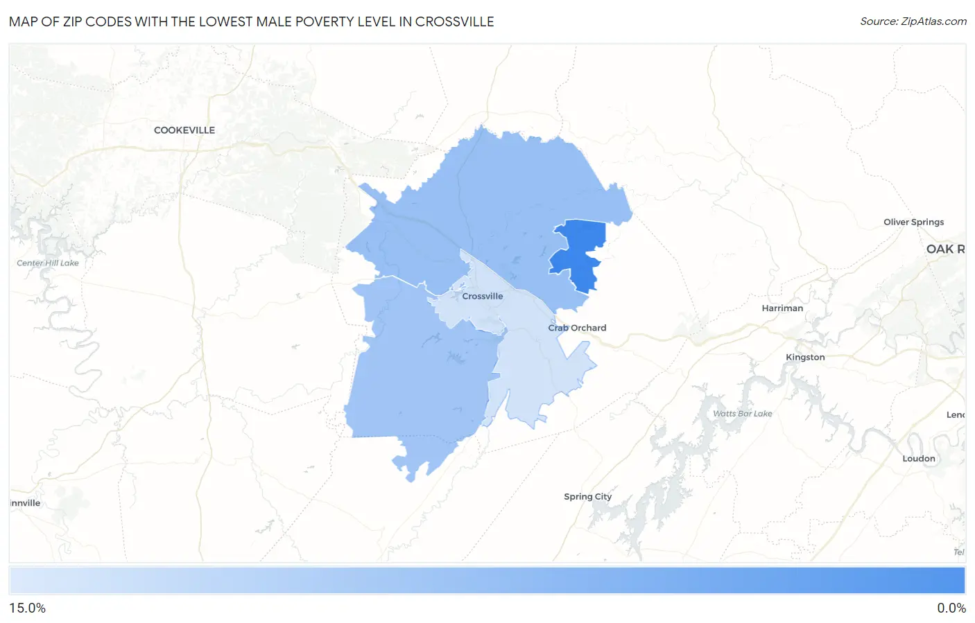 Zip Codes with the Lowest Male Poverty Level in Crossville Map