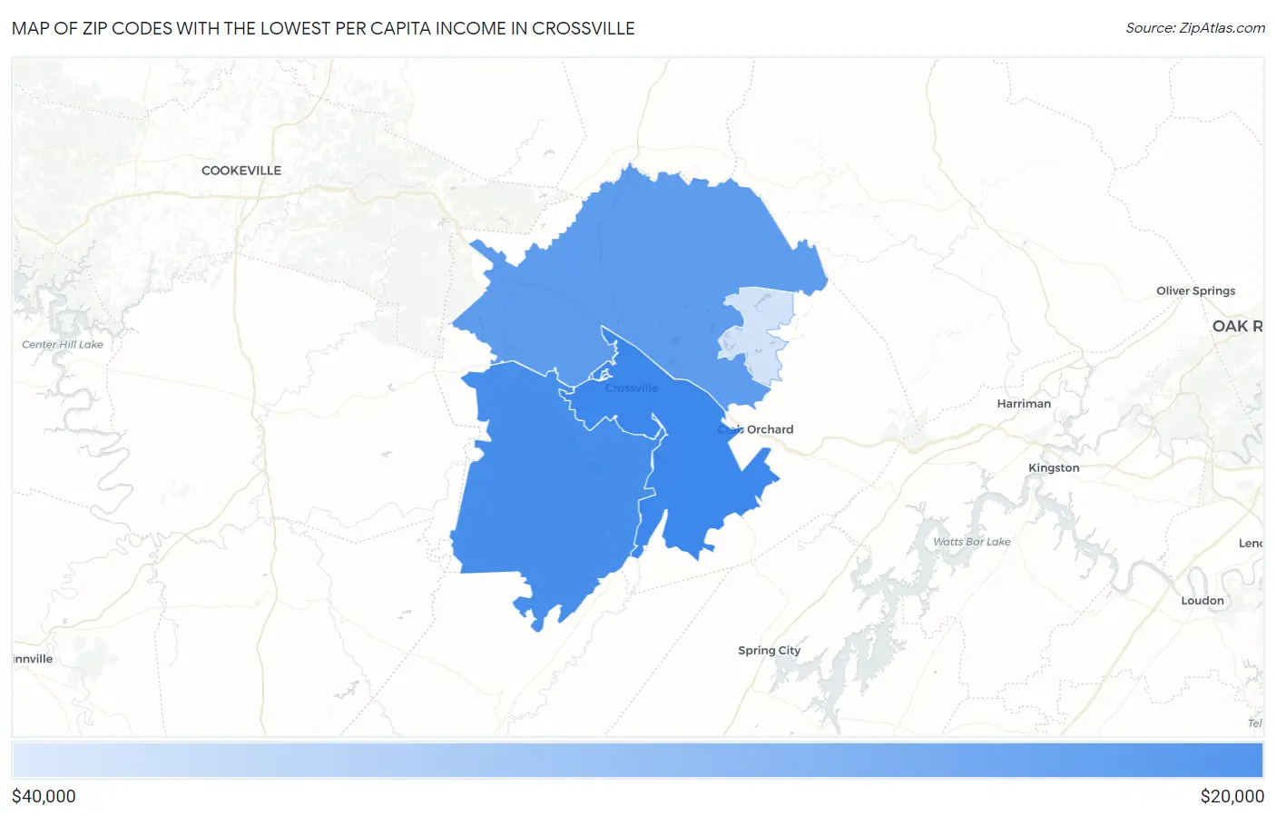 Zip Codes with the Lowest Per Capita Income in Crossville Map