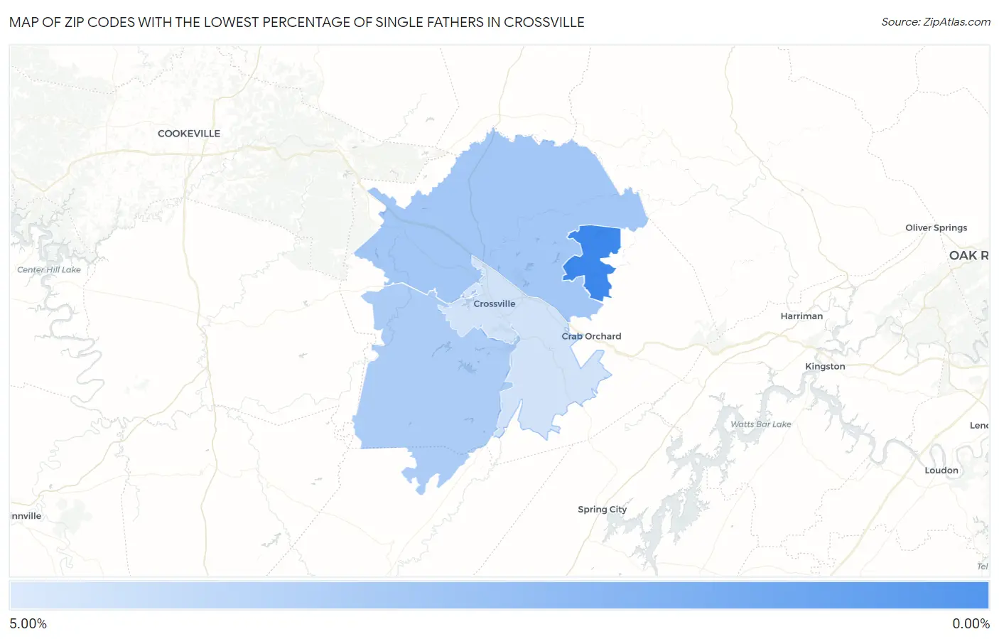 Zip Codes with the Lowest Percentage of Single Fathers in Crossville Map
