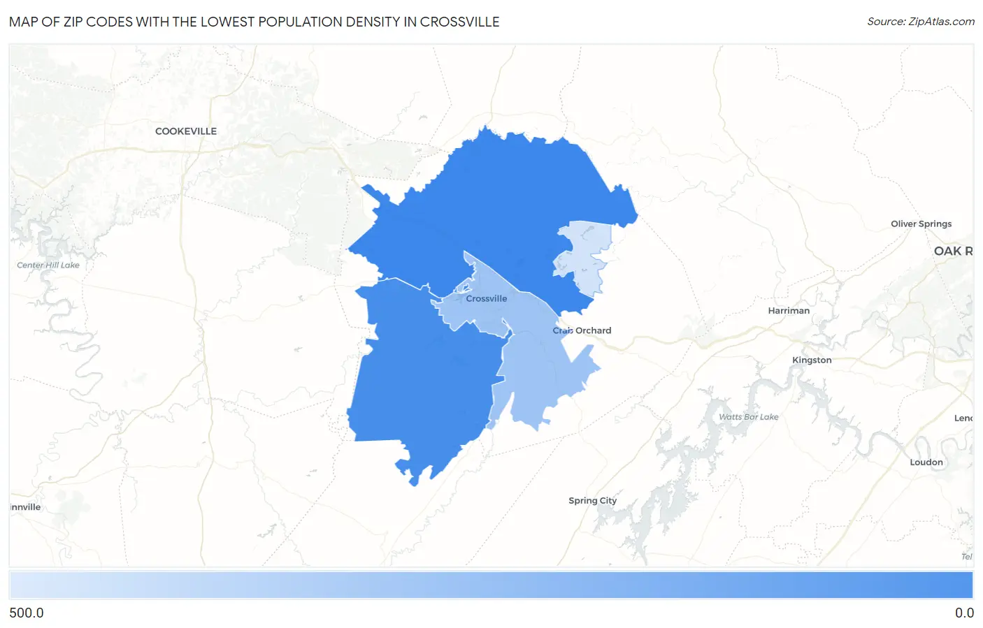 Zip Codes with the Lowest Population Density in Crossville Map