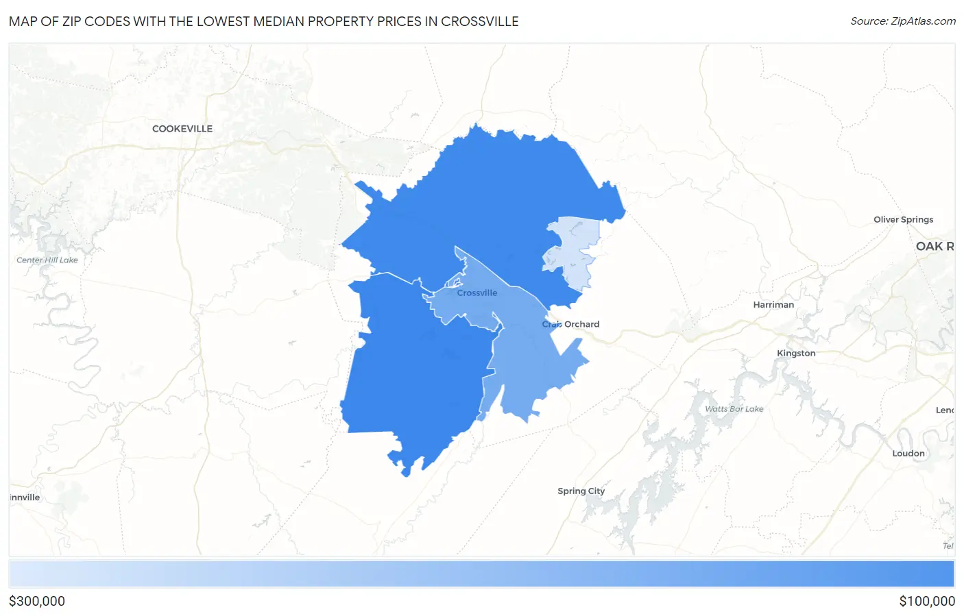 Zip Codes with the Lowest Median Property Prices in Crossville Map