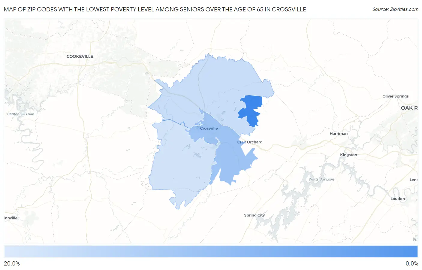 Zip Codes with the Lowest Poverty Level Among Seniors Over the Age of 65 in Crossville Map