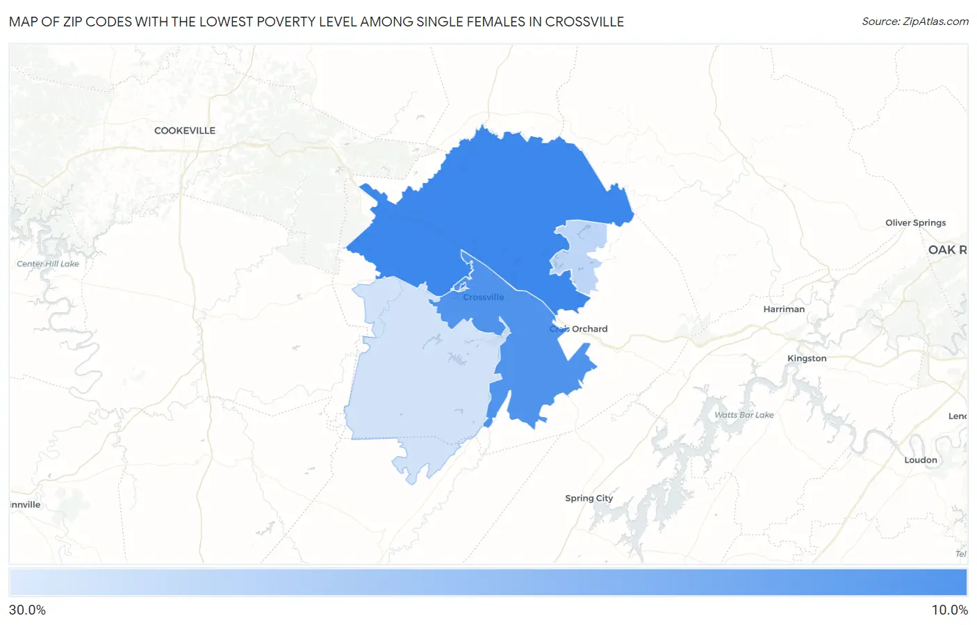 Zip Codes with the Lowest Poverty Level Among Single Females in Crossville Map