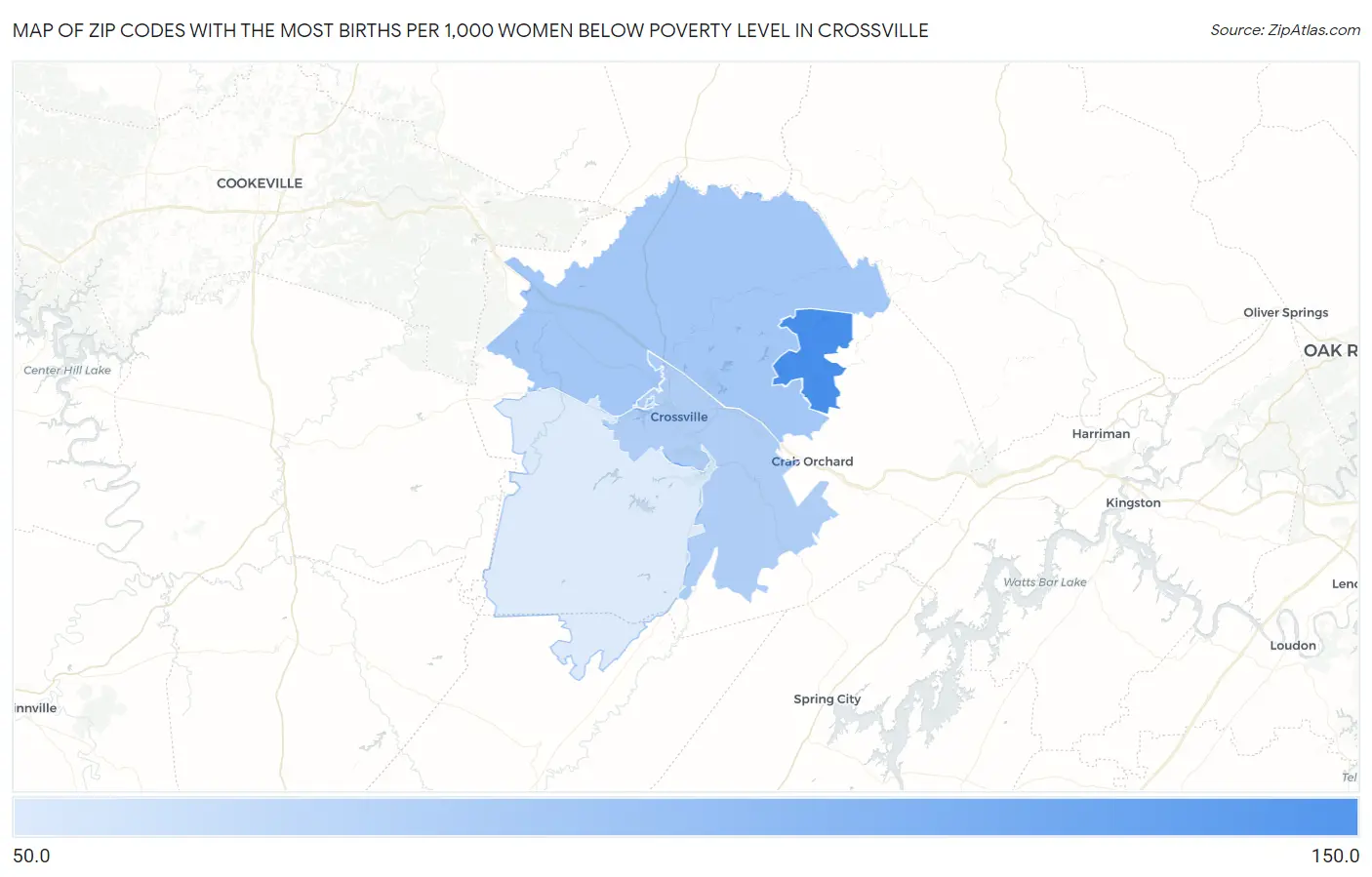 Zip Codes with the Most Births per 1,000 Women Below Poverty Level in Crossville Map