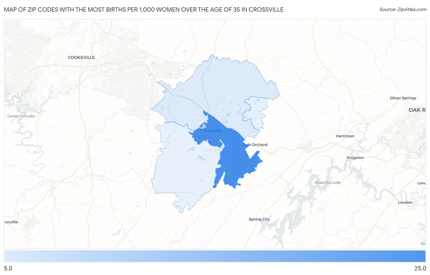 Zip Codes with the Most Births per 1,000 Women Over the Age of 35 in Crossville Map