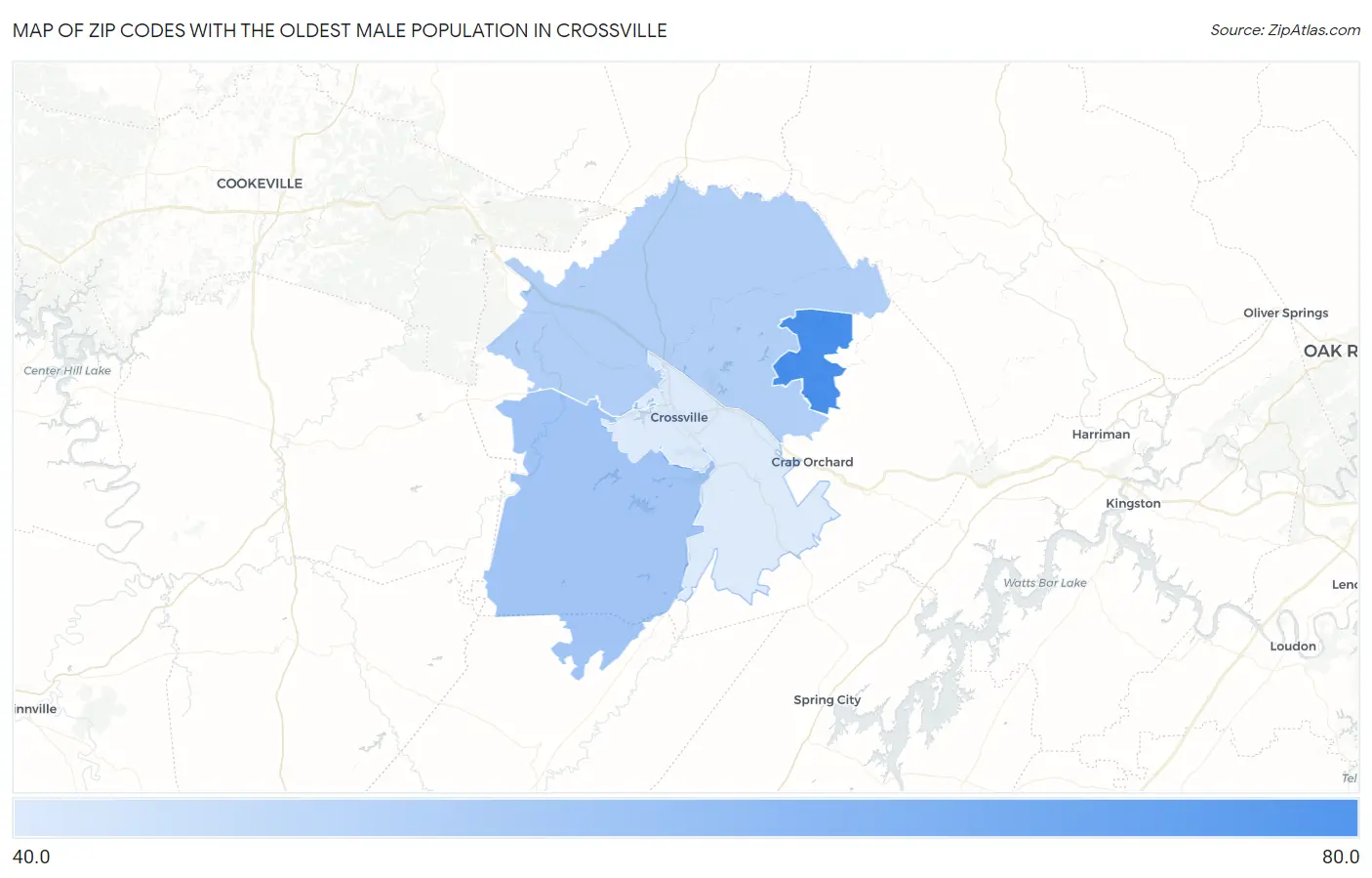 Zip Codes with the Oldest Male Population in Crossville Map