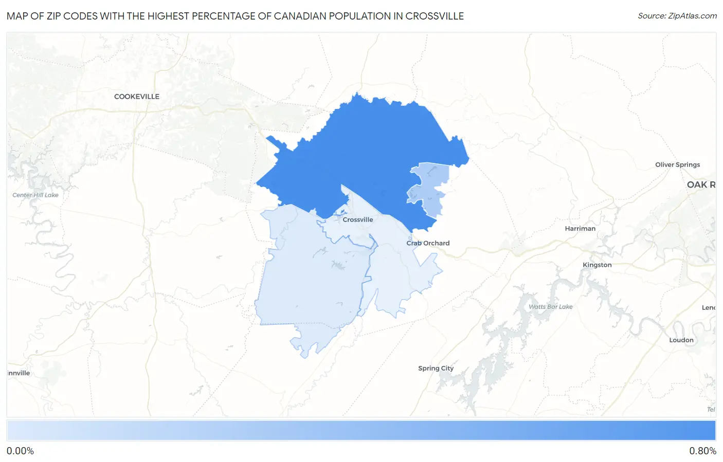 Zip Codes with the Highest Percentage of Canadian Population in Crossville Map