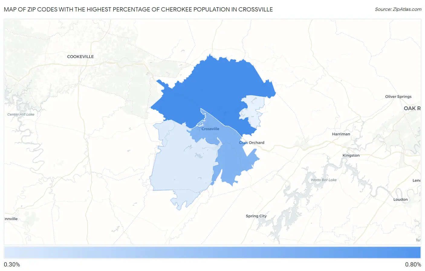 Zip Codes with the Highest Percentage of Cherokee Population in Crossville Map