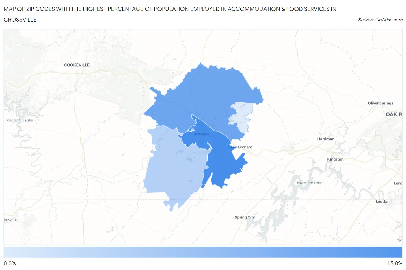 Zip Codes with the Highest Percentage of Population Employed in Accommodation & Food Services in Crossville Map