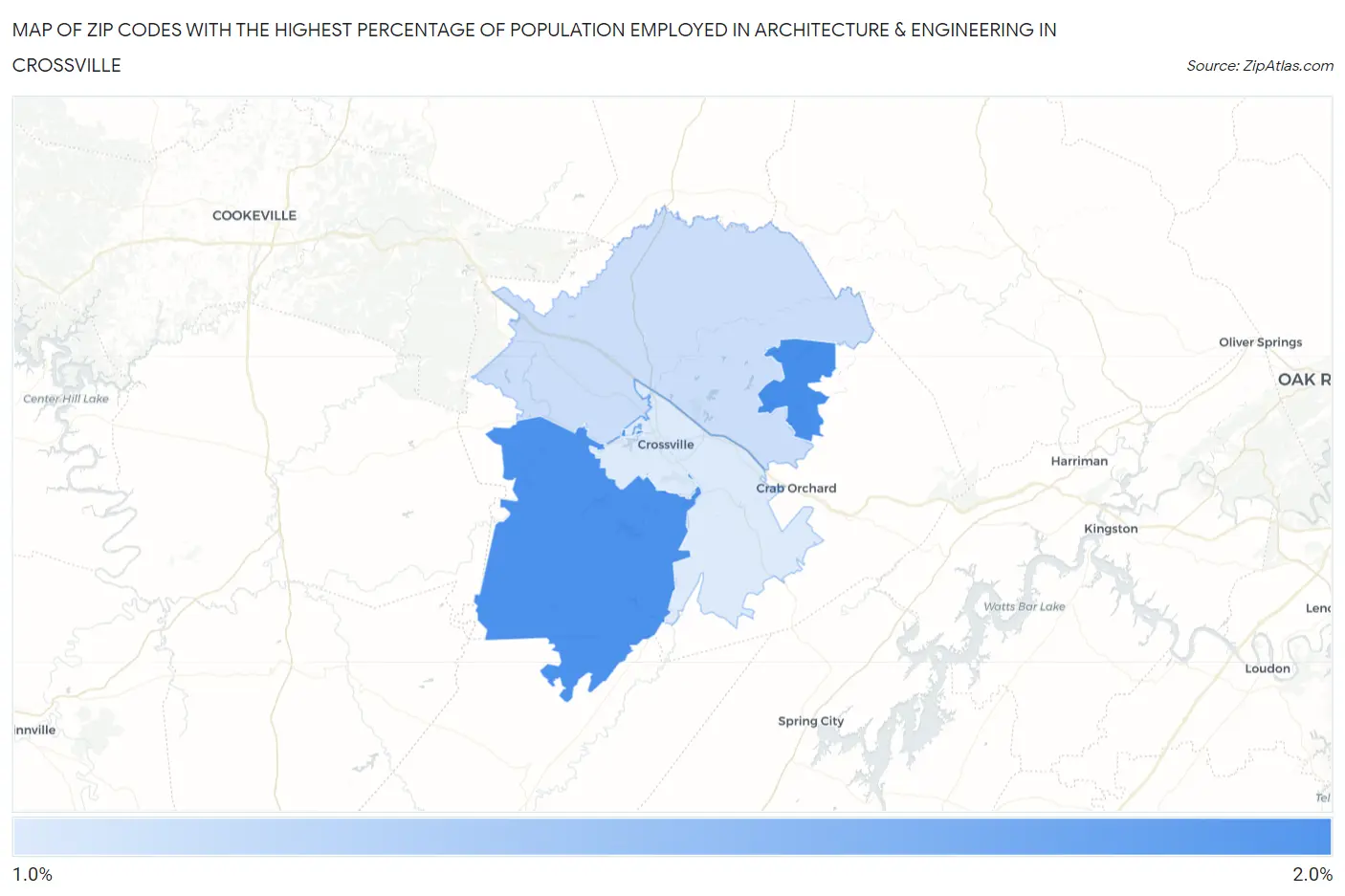 Zip Codes with the Highest Percentage of Population Employed in Architecture & Engineering in Crossville Map