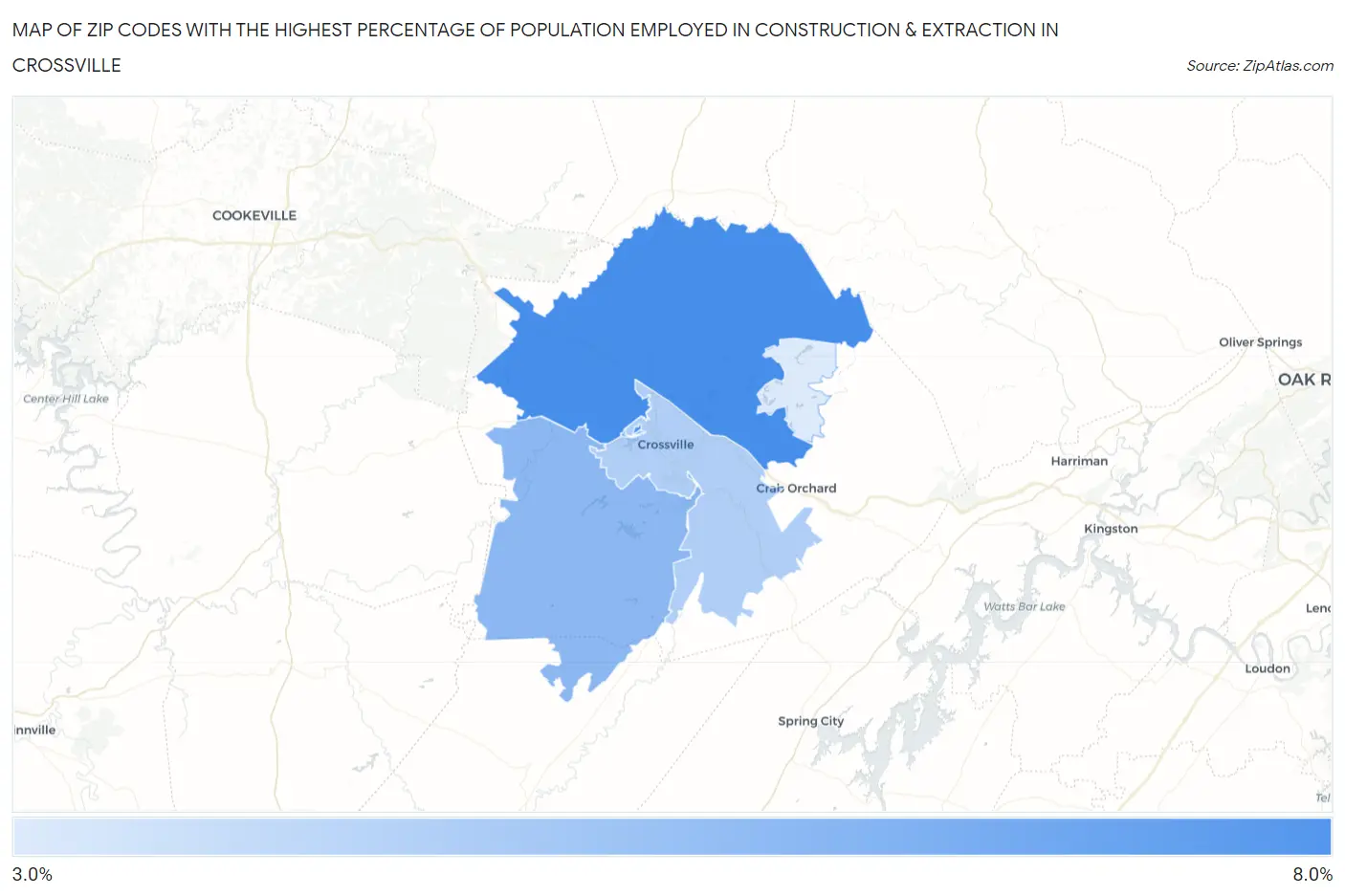 Zip Codes with the Highest Percentage of Population Employed in Construction & Extraction in Crossville Map