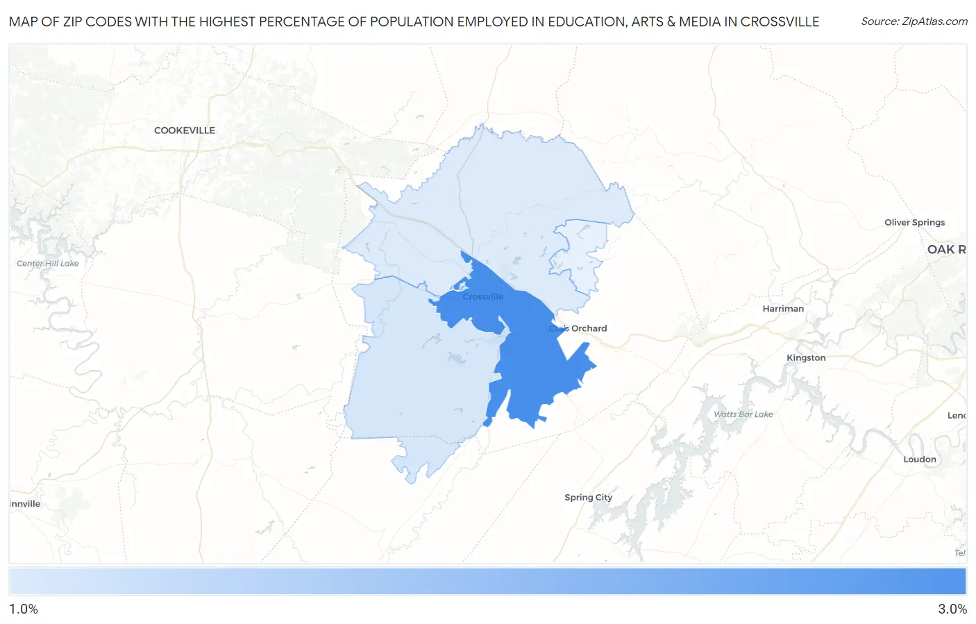 Zip Codes with the Highest Percentage of Population Employed in Education, Arts & Media in Crossville Map