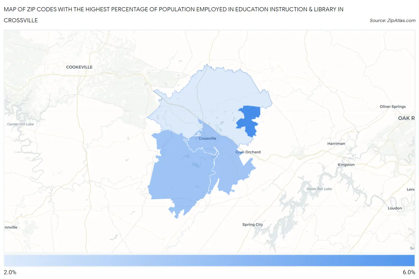 Zip Codes with the Highest Percentage of Population Employed in Education Instruction & Library in Crossville Map