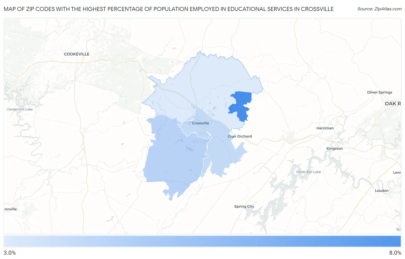 Zip Codes with the Highest Percentage of Population Employed in Educational Services in Crossville Map