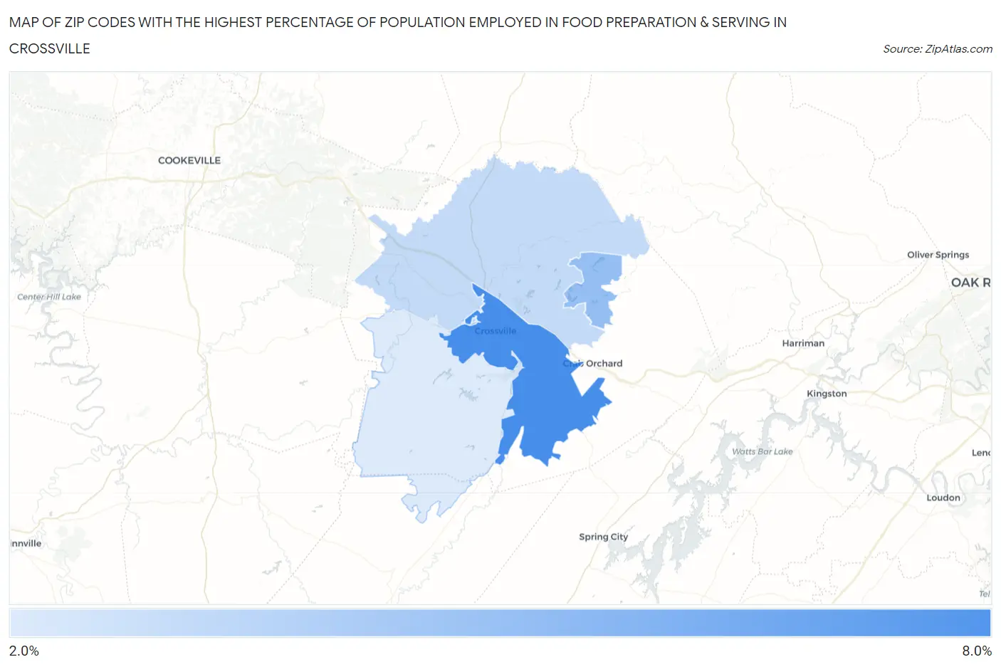 Zip Codes with the Highest Percentage of Population Employed in Food Preparation & Serving in Crossville Map