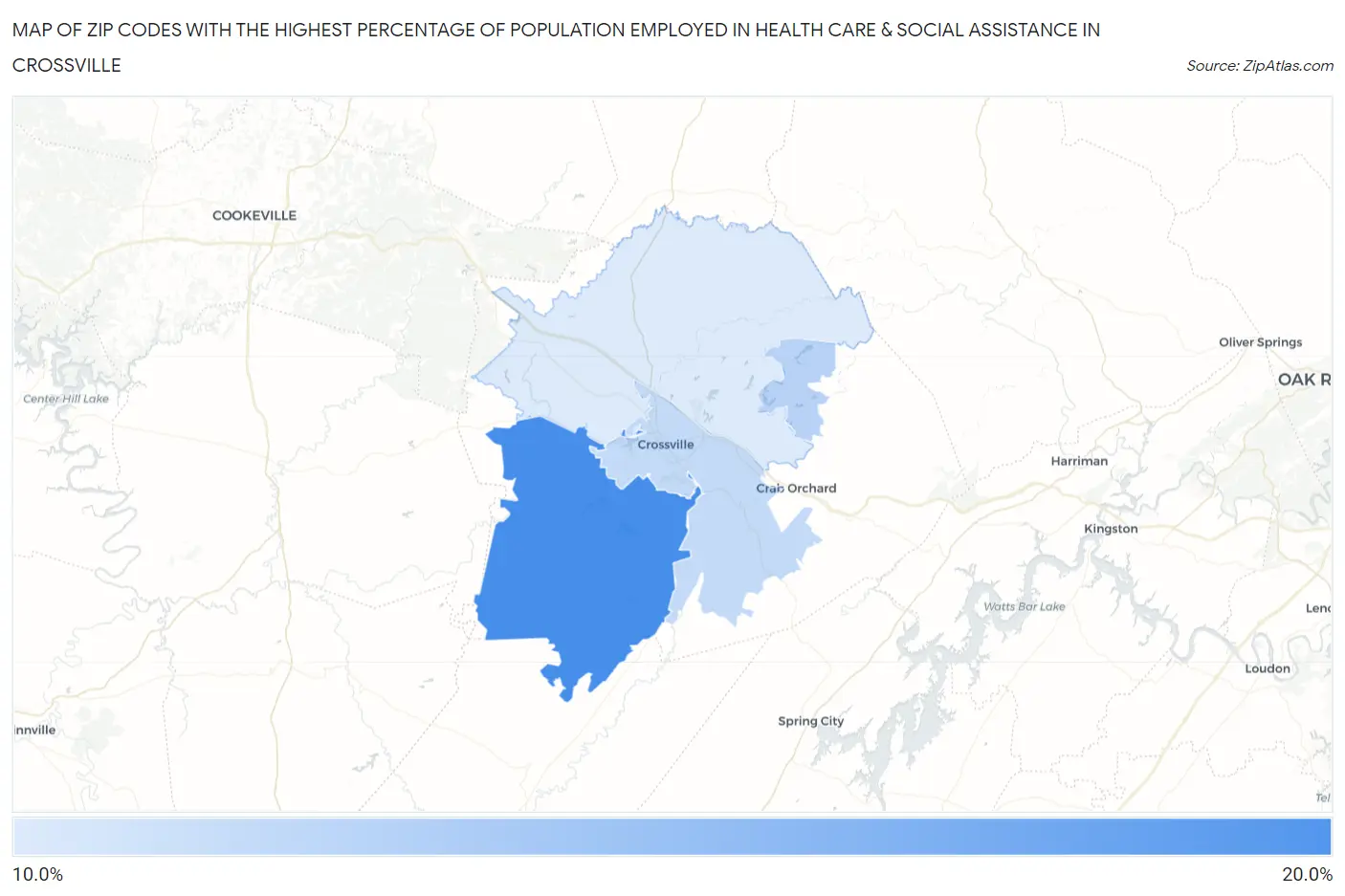 Zip Codes with the Highest Percentage of Population Employed in Health Care & Social Assistance in Crossville Map