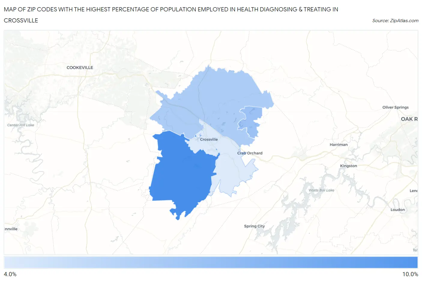 Zip Codes with the Highest Percentage of Population Employed in Health Diagnosing & Treating in Crossville Map