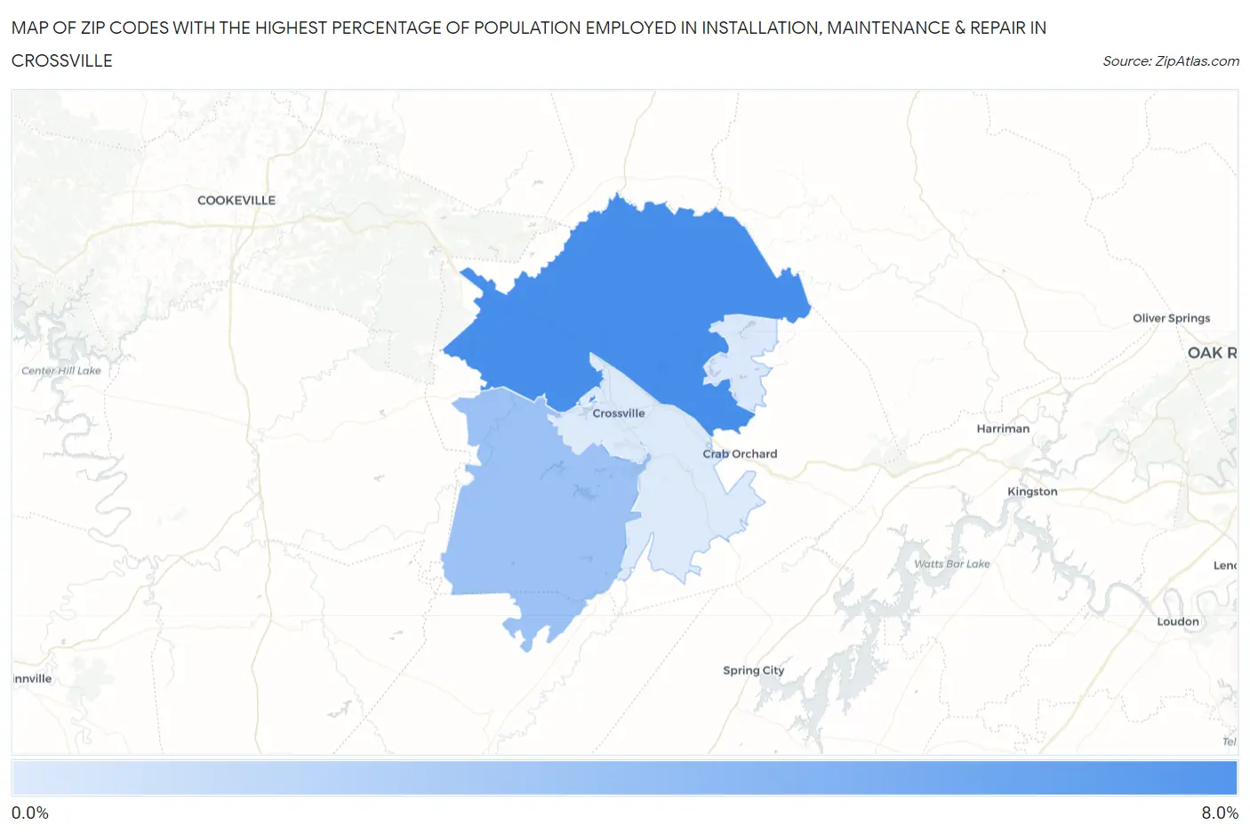 Zip Codes with the Highest Percentage of Population Employed in Installation, Maintenance & Repair in Crossville Map