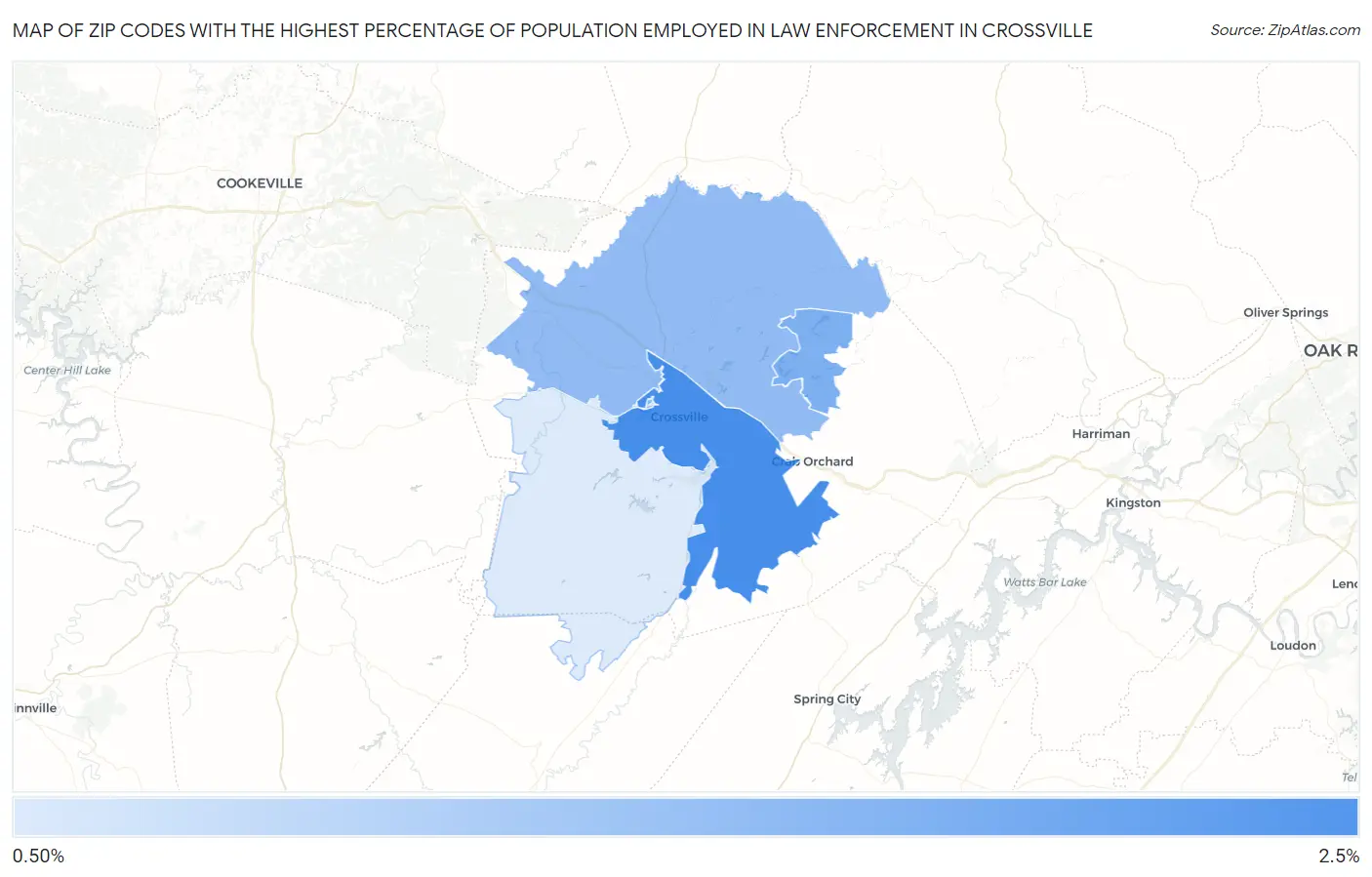 Zip Codes with the Highest Percentage of Population Employed in Law Enforcement in Crossville Map
