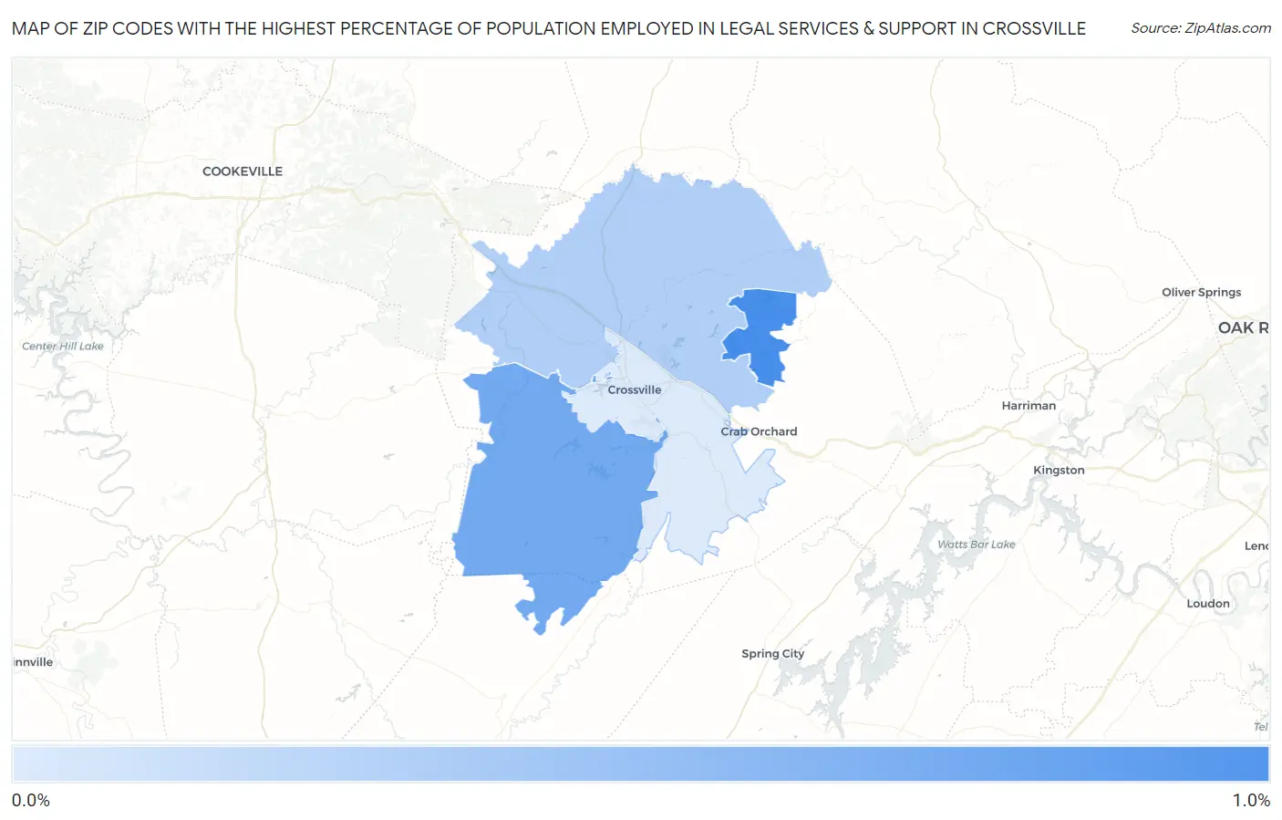 Zip Codes with the Highest Percentage of Population Employed in Legal Services & Support in Crossville Map