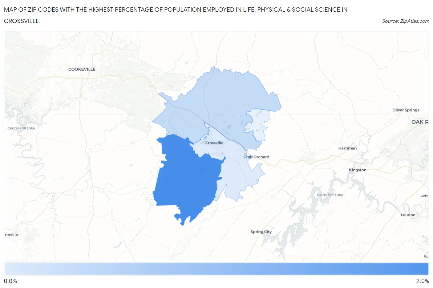 Zip Codes with the Highest Percentage of Population Employed in Life, Physical & Social Science in Crossville Map