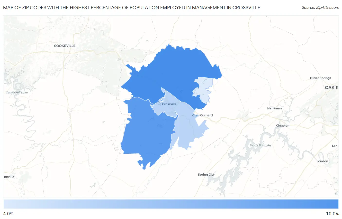 Zip Codes with the Highest Percentage of Population Employed in Management in Crossville Map