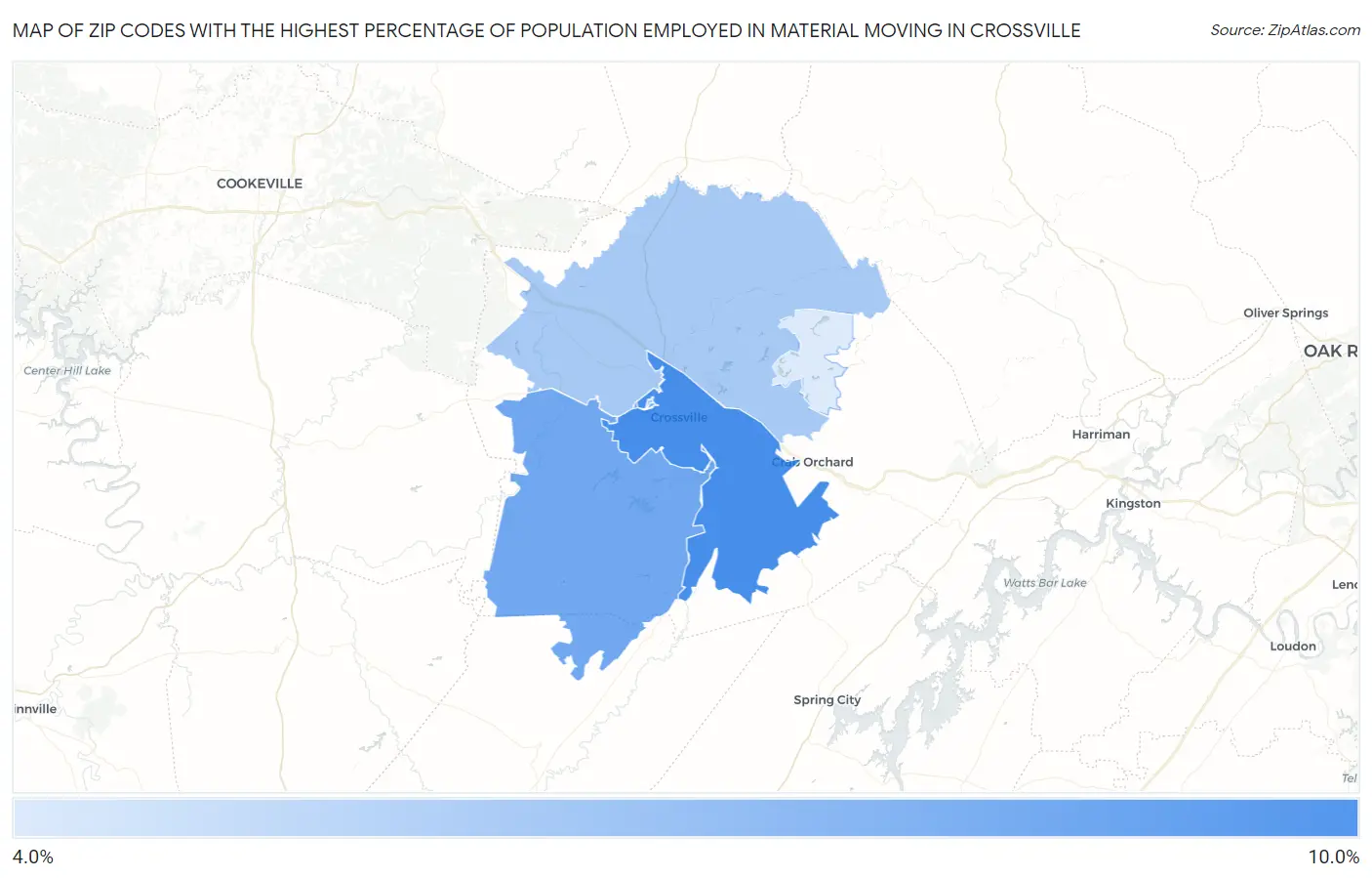Zip Codes with the Highest Percentage of Population Employed in Material Moving in Crossville Map