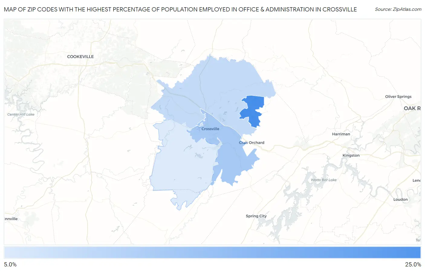 Zip Codes with the Highest Percentage of Population Employed in Office & Administration in Crossville Map