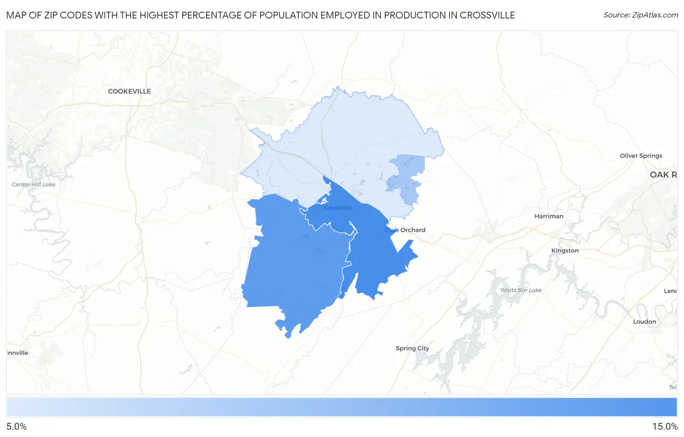 Zip Codes with the Highest Percentage of Population Employed in Production in Crossville Map