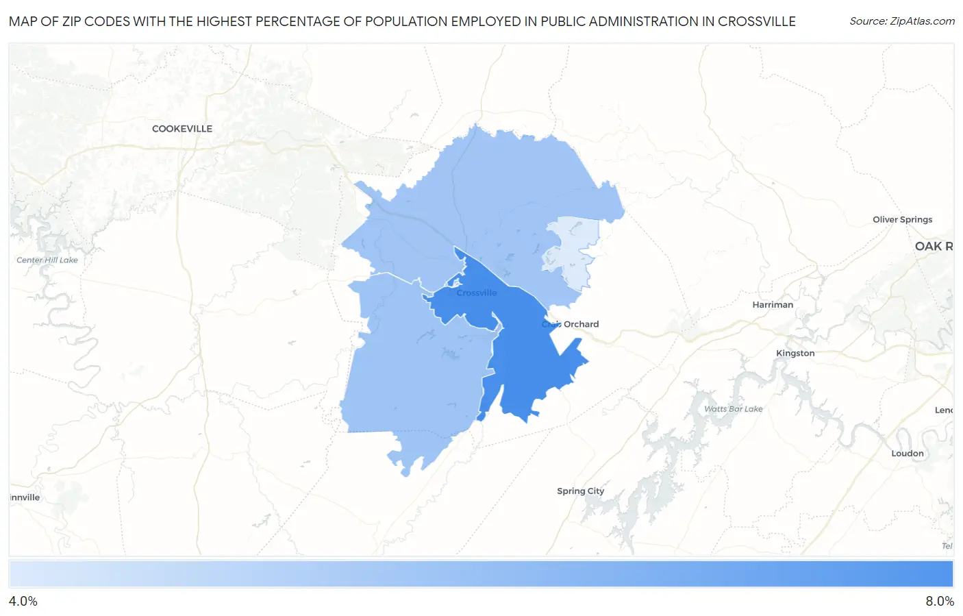Zip Codes with the Highest Percentage of Population Employed in Public Administration in Crossville Map