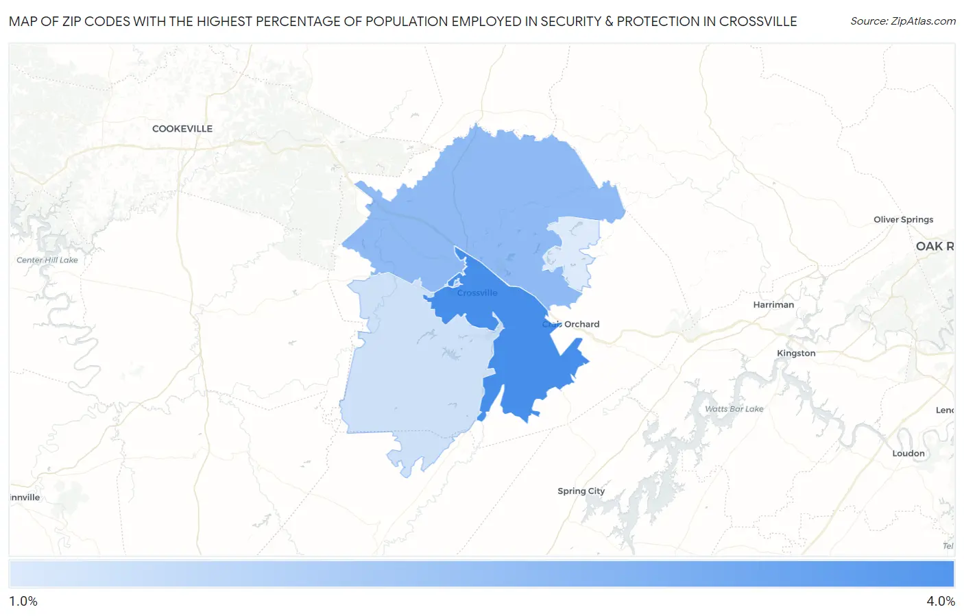 Zip Codes with the Highest Percentage of Population Employed in Security & Protection in Crossville Map