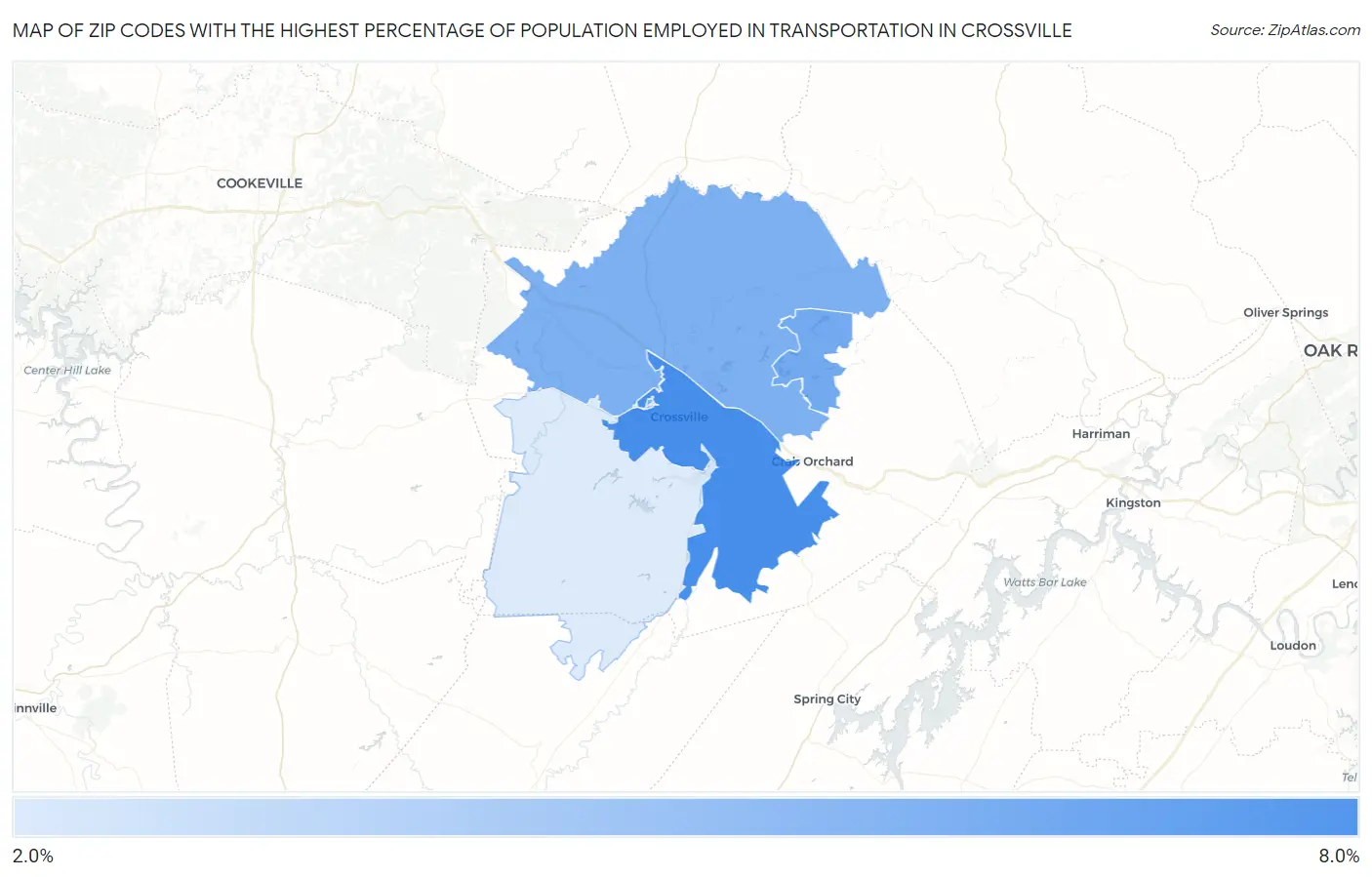 Zip Codes with the Highest Percentage of Population Employed in Transportation in Crossville Map