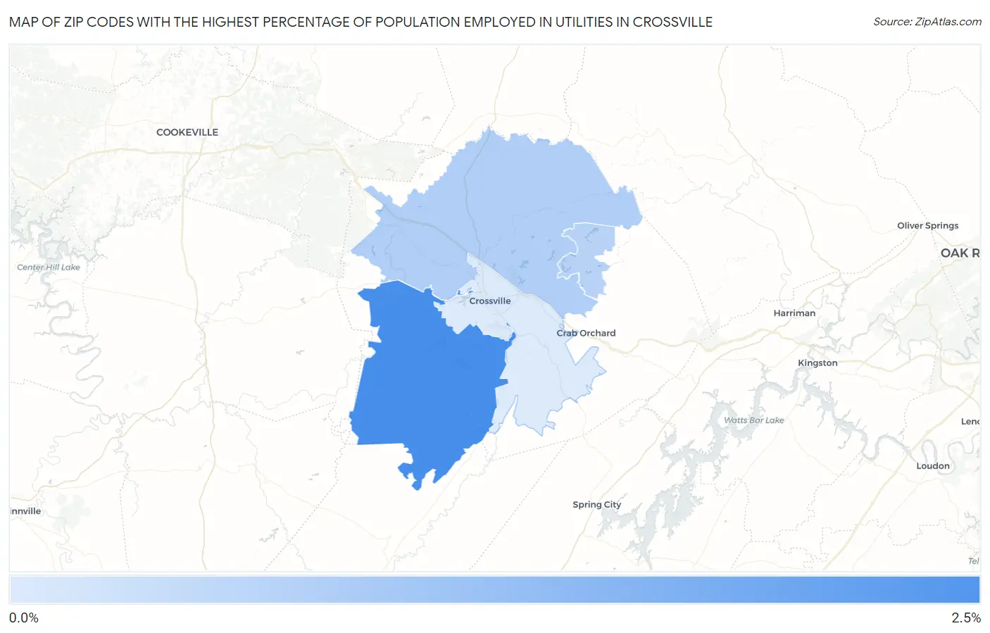 Zip Codes with the Highest Percentage of Population Employed in Utilities in Crossville Map