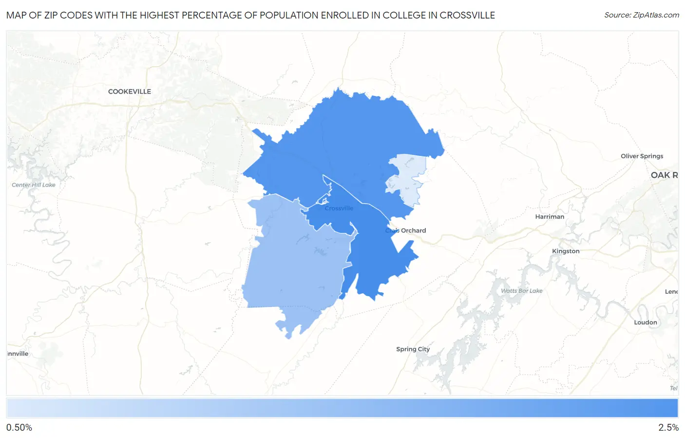 Zip Codes with the Highest Percentage of Population Enrolled in College in Crossville Map