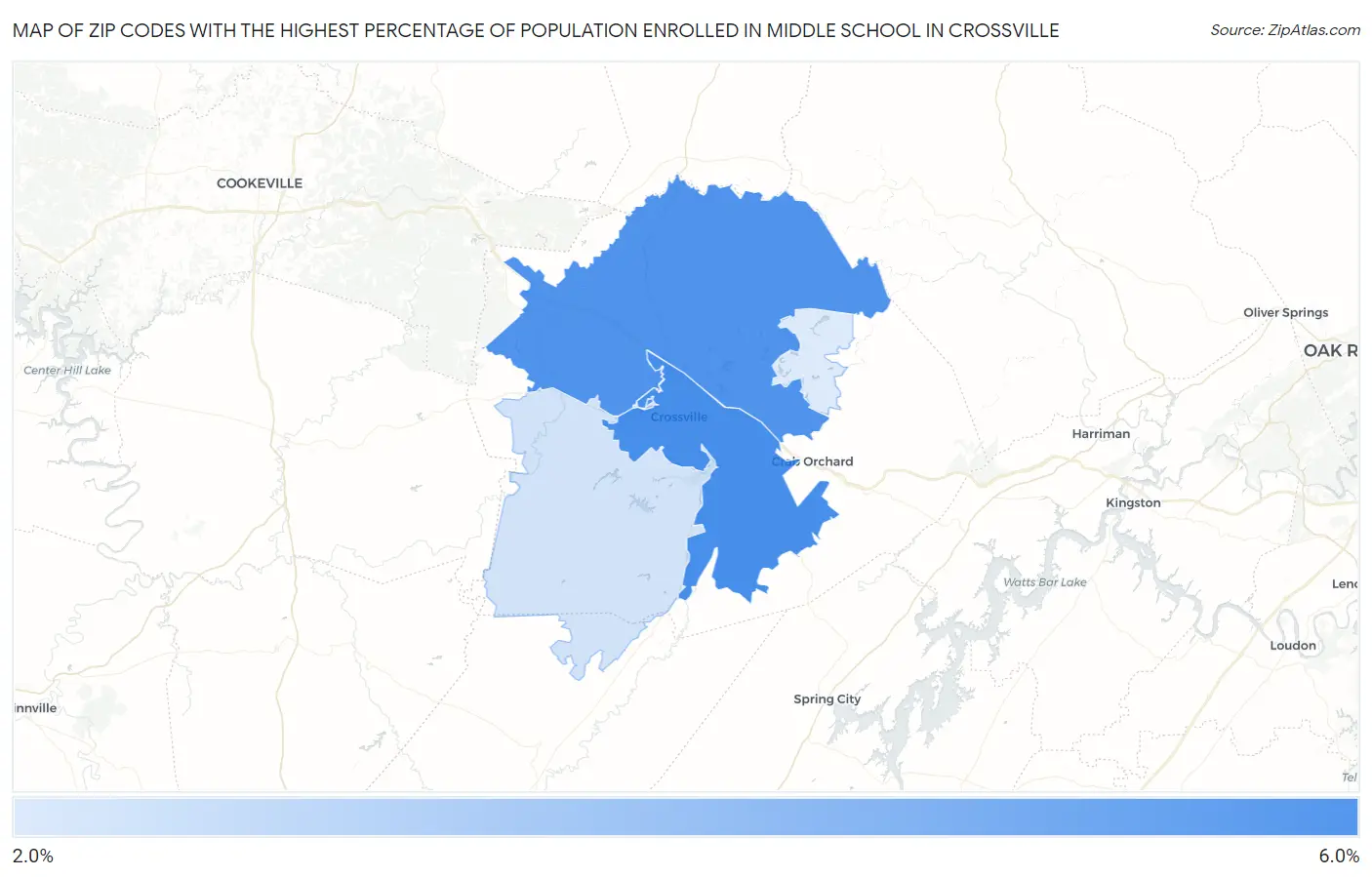 Zip Codes with the Highest Percentage of Population Enrolled in Middle School in Crossville Map