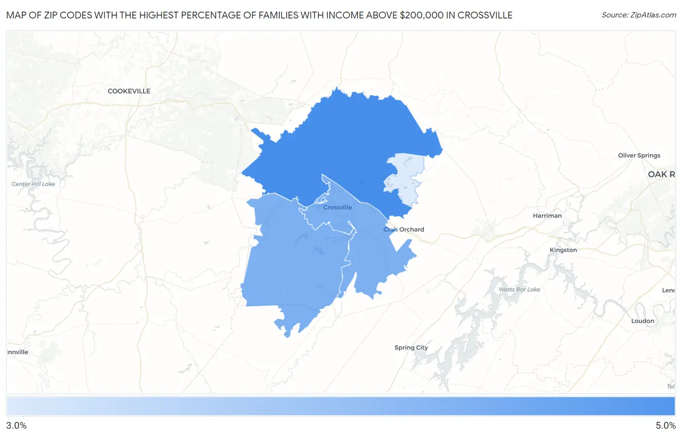 Zip Codes with the Highest Percentage of Families with Income Above $200,000 in Crossville Map