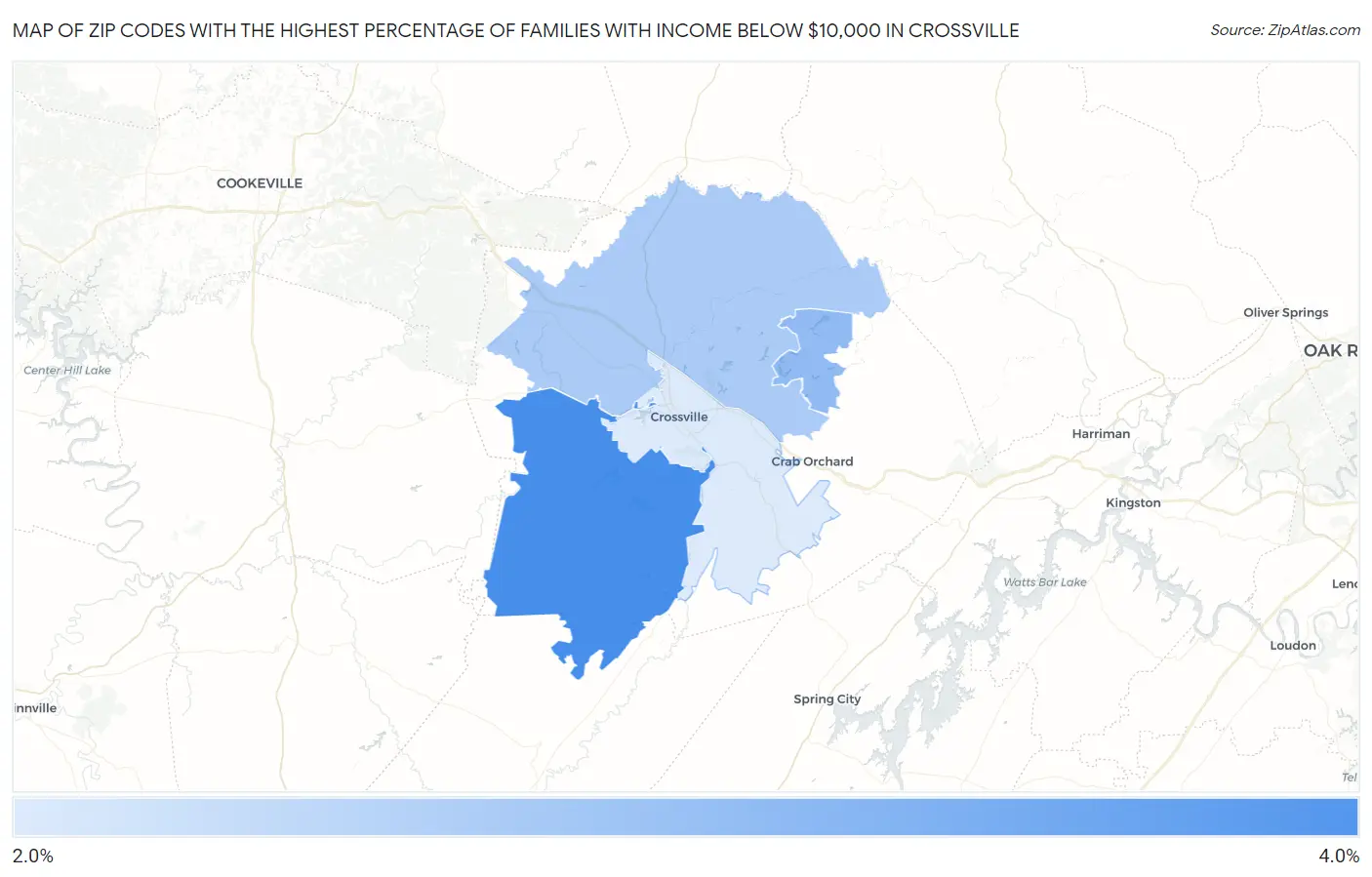 Zip Codes with the Highest Percentage of Families with Income Below $10,000 in Crossville Map