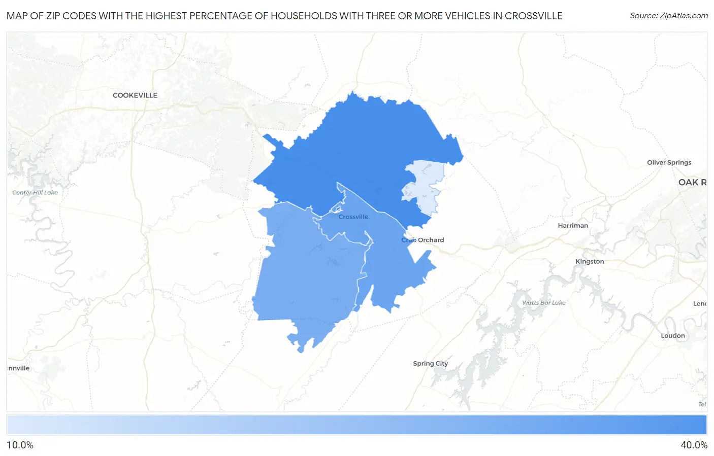 Zip Codes with the Highest Percentage of Households With Three or more Vehicles in Crossville Map