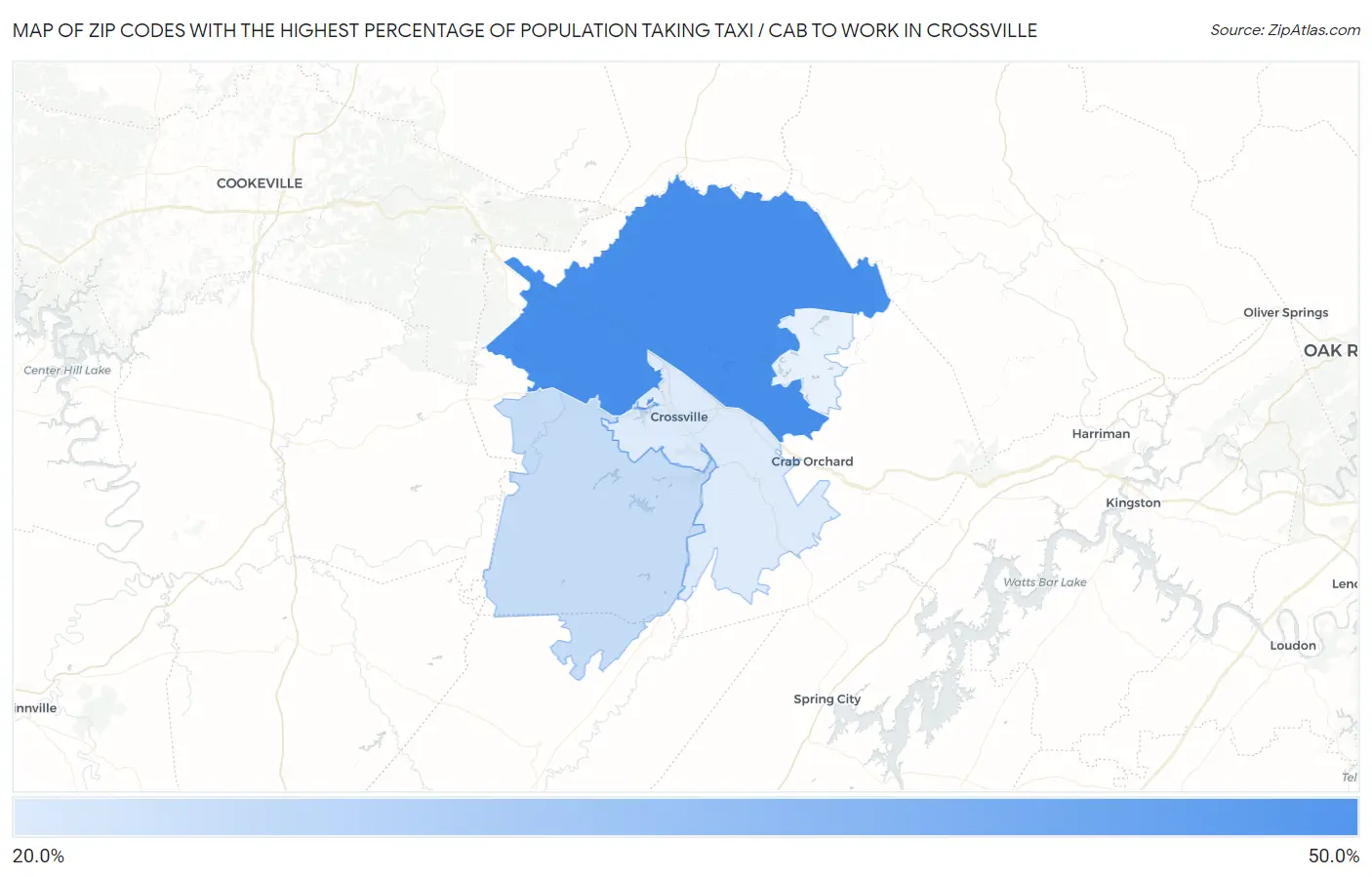 Zip Codes with the Highest Percentage of Population Taking Taxi / Cab to Work in Crossville Map